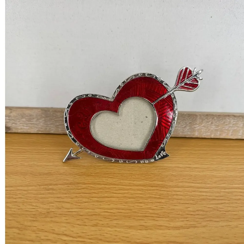 VTG heart shaped photo frame cupid arrow enamel red silver tone desktop love
